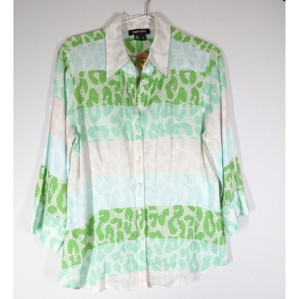 Paperwhite 100% Linen Top 14 Green Animal Print Button Down Coastal Tropical